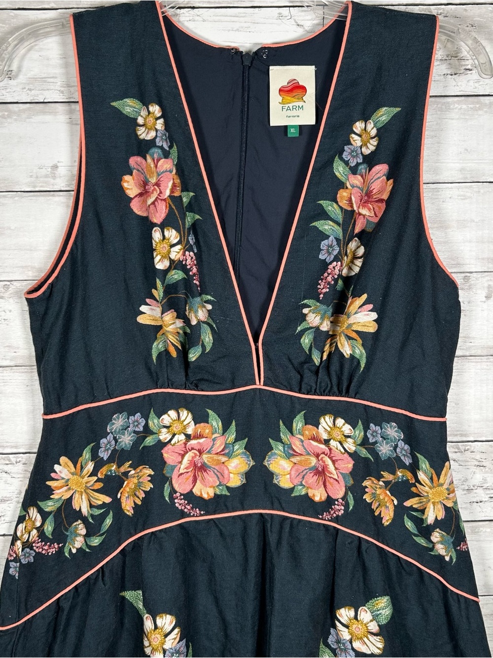 Farm Rio Dark Blue Maira Floral Premium Linen Scalloped Hem Midi Dress  XL - Picture 7 of 12